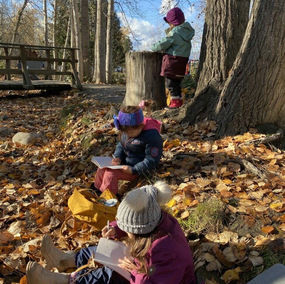 students playing in leaves