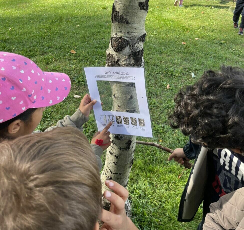 students looking at sign on tree